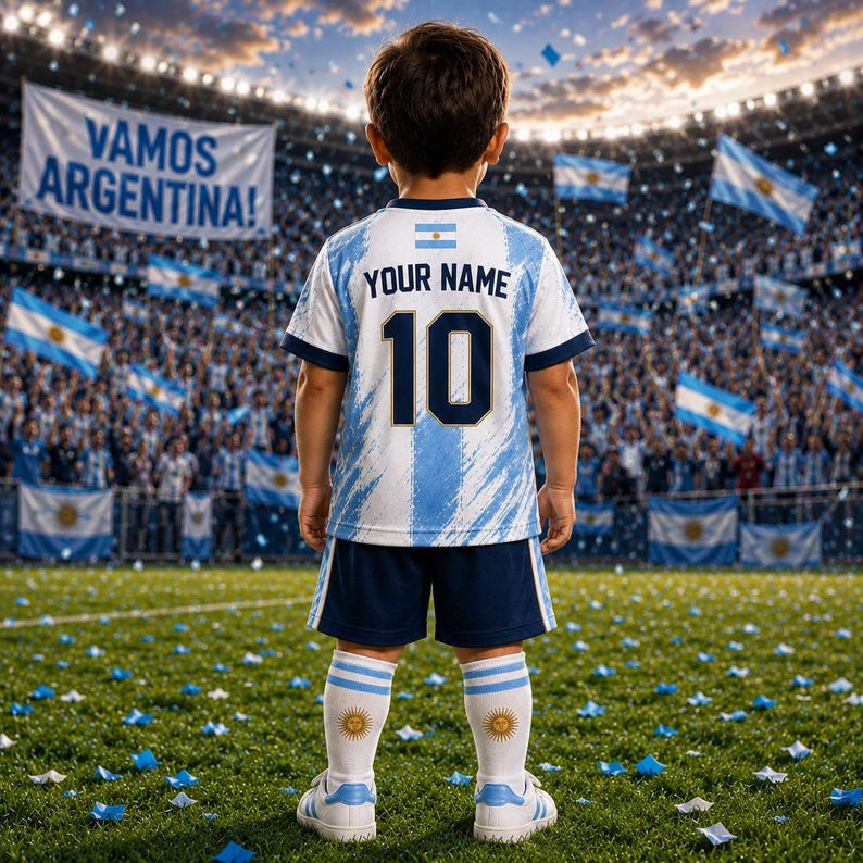 May include: A white and light blue soccer jersey with the text YOUR NAME and the number 10 on the back, paired with dark blue shorts and white socks featuring a sun emblem. The jersey includes a small Argentine flag graphic on the upper back.