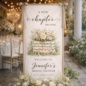 Bridal Shower Welcome Sign, A New Chapter Begins Banner, Storybook Floral Decor, Personalized Bridal Welcome Tapestry, Wedding Sign