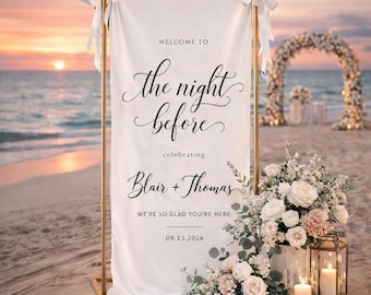 Letrero de bienvenida personalizado para la cena de ensayo, telón de fondo para la noche anterior a la boda, letrero de tela personalizado con nombres y fecha.