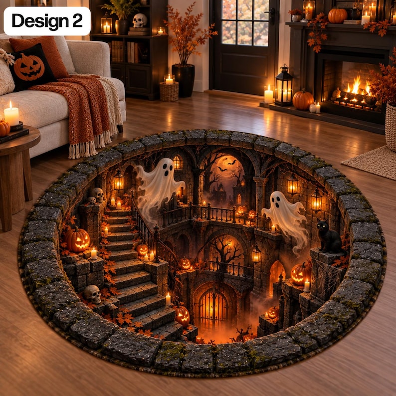 Ghost Rugs Halloween Ghost 3D Illusion Round Rug, 3D Ghost Skeleton Spooky Gothic ...