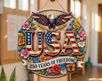 Colgante de madera para puerta del 250 aniversario de EE. UU., corona patriótica con águila, letrero de 250 años de libertad, decoración del semiquincentenario, regalo de Estados Unidos (1776-2026)