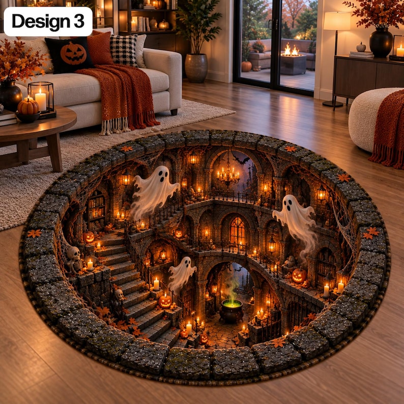 Ghost Rugs Halloween Ghost 3D Illusion Round Rug, 3D Ghost Skeleton Spooky Gothic ...