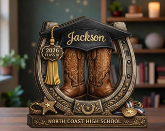 Bloque de madera personalizado para graduación, botas vaqueras con nombre personalizado, regalo para la promoción de 2026, recuerdo de graduación, decoración western, letrero de madera para el día de la graduación.