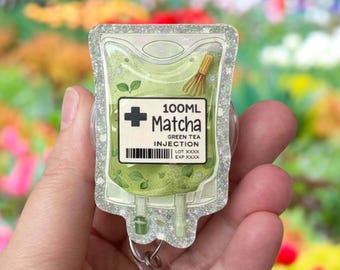 Portatarjetas de identificación 2D planos con diseño de inyección de té verde matcha, portatarjetas con memes divertidos, portatarjetas para amantes del matcha, portatarjetas para enfermeras, regalo accesorio para la Semana de la Enfermería