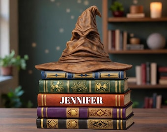 Decoración de libro personalizada con el Sombrero Seleccionador de Magos, decoración de estantería con sombrero mágico, decoración de biblioteca de fantasía, decoración de habitación de magos, regalo para amantes de los libros