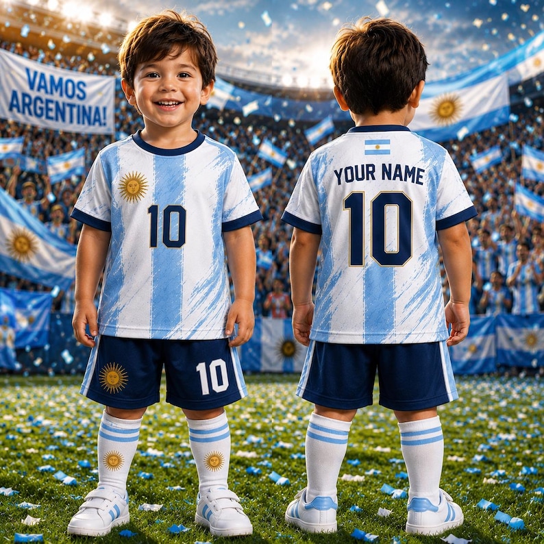 May include: A white and light blue soccer uniform featuring the number 10, the text YOUR NAME, and the sun emblem of Argentina. The set includes a short-sleeved jersey, matching shorts, and white socks with blue stripes and the sun symbol.