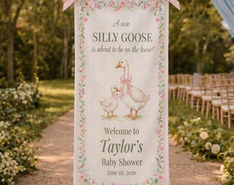 Tapiz personalizado para baby shower, cartel de bienvenida con pancarta floral rosa de Silly Goose, decoración unisex para baby shower, letrero para fiesta de baby shower estilo granja.