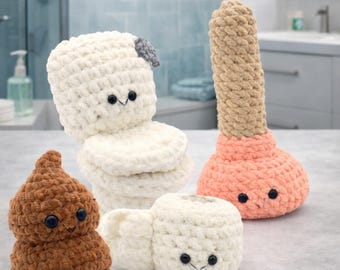Divertido paquete de patrones de crochet: Amigurumi de papel higiénico, inodoro, popó y destapador, patrón de crochet amigurumi para baño en PDF, tutorial de crochet bonito
