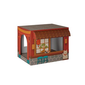 Maison pour chat et restaurant de sushis avec griffoir | Maison amusante pour chat | Maison en carton pour chat | Grotte pour chat | Cadeau pour propriétaire de chat