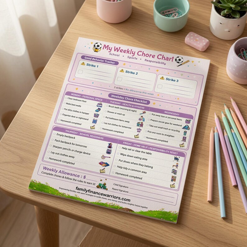 Pacote de PDFs para Imprimir com Tabela de Tarefas Infantis | Tabelas de Tarefas Semanais Azul e Rosa | Tabela de Comportamento para Mesada | Download Imediato | Idades de 4 a 12 anos imagem 4