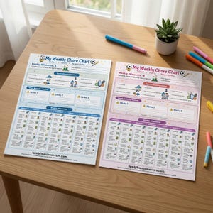 Pacote de PDFs para Imprimir com Tabela de Tarefas Infantis | Tabelas de Tarefas Semanais Azul e Rosa | Tabela de Comportamento para Mesada | Download Imediato | Idades de 4 a 12 anos imagem 1
