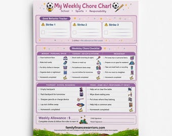 Pacote de PDFs para imprimir com tabela de tarefas domésticas para crianças, incluindo tabelas semanais e em branco na cor rosa, controle de mesada e comportamento. Download instantâneo. Para crianças de 4 a 12 anos.