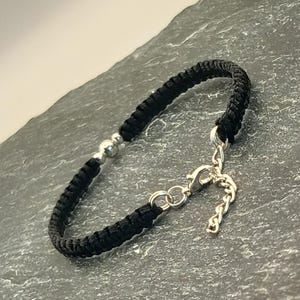 Black Nylon cord Bracelet/Bangle,Silver spacer beads,Chain and Lobster Clasp,Macrame String knot,delicate wrist wear.