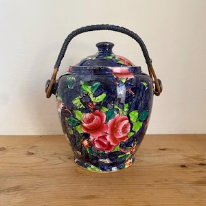 Vintage Chintz Ware Biscuit Barrel: Blue Pink Roses, Cane Handle