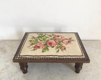 Vintage Needlepoint Footstool | Pink Roses Tapestry Stool | 1930s Wooden Fireside Stool | English Country Decor