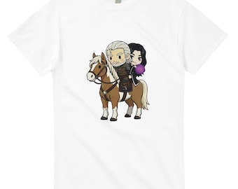 Cute Geralt and Yennefer T-Shirt, Witcher Inspired Chibi Art, RPG Gamer Gift, Fantasy Couple Top