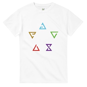 May include: White t-shirt featuring a colorful geometric design of five triangles arranged in a star shape. The triangles are in shades of blue, green, red, purple, and gold. The shirt is made of a soft material.