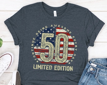 50th Birthday Shirt for Men, Continue Being Awesome 1976 Tee, Gift for Husband Dad Brother Boss Friend, American Flag Limited Edition