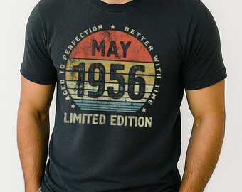 70th Birthday Shirt May 1956, Aged to Perfection Better With Time Tee, Gift for Husband Wife Mom Dad, Retro Sunset Limited Edition