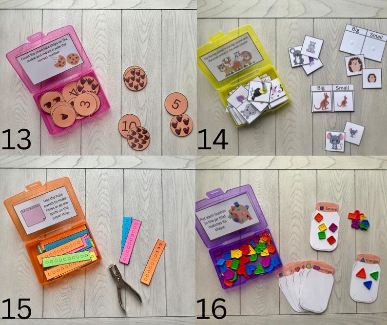 May include: A collection of educational toys for children. Includes a pink container with cookie-shaped number cards, a yellow container with animal cards, an orange container with paper strips, and a purple container with colorful shapes.