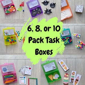 May include: A collection of task boxes in various colours, each containing educational materials. The boxes are open, displaying items such as pom-poms, shapes, and matching cards. The image text reads "6, 8, or 10 Pack Task Boxes."