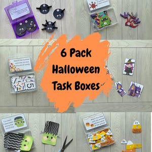 May include: A collection of six Halloween-themed task boxes. Each box contains educational activities, including matching numbers, letters, and cutting exercises. The boxes feature images of spiders, monsters, and other Halloween-related graphics. The text "6 Pack Halloween Task Boxes" is visible.