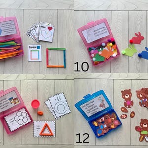 May include: Four educational activity boxes with various shapes, colors, and matching games. One box contains colorful craft sticks, another has bunny cutouts and matching tails, a third has playdough and shape cards, and the last has bear shapes.