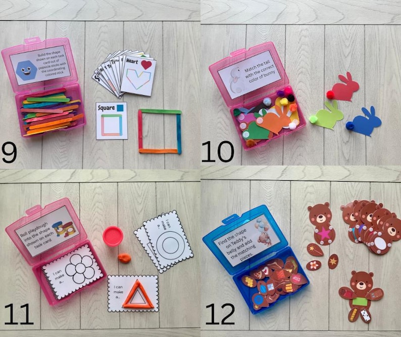 May include: Four educational activity boxes with various shapes, colors, and matching games. One box contains colorful craft sticks, another has bunny cutouts and matching tails, a third has playdough and shape cards, and the last has bear shapes.