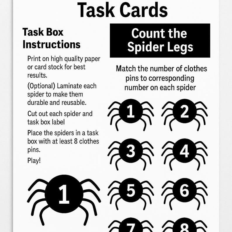 Spider Counting Task Cards | Halloween Math, Fine Motor Skills (digital ...