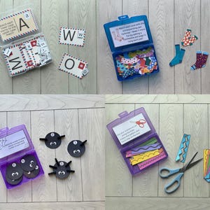 May include: Four educational activity boxes. Box 1: Letter matching game with uppercase and lowercase letters. Box 2: Sock matching game. Box 3: Spider counting game. Box 4: Scissor skills activity with colorful paper strips.