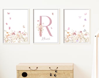 Baby Child Name Alphabet Poster Set – A3 Custom Nursery Wall Art for Girls | Floral Initial Print | Physical Kids Room Decor | Personalised