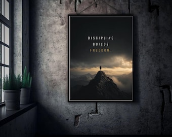 Motivatieposter met bergmotief, muurdecoratie voor discipline, inspirerende sportschooldecoratie, print 'Discipline bouwt vrijheid'