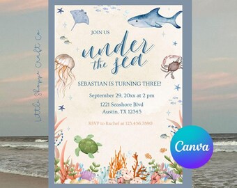 May include: A light blue invitation card with an "Under the Sea" theme. The card features watercolor illustrations of marine life, including a shark, stingray, and sea turtle. The text reads "Join us under the sea" and includes event details.