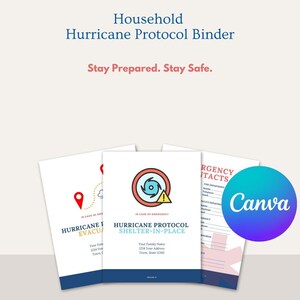 Puede incluir: Tres carpetas blancas con bordes azules, tituladas "Hurricane Protocol Binder". Las carpetas incluyen textos como "Evacuate" y "Shelter-in-Place", junto con información de contacto de emergencia. La imagen también incluye el texto "Stay Prepared. Stay Safe."