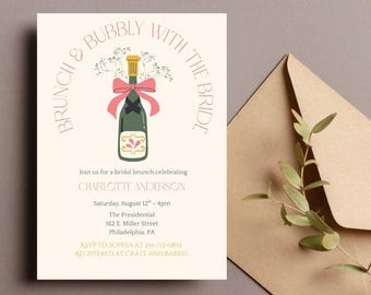 May include: A bridal brunch invitation with the text "Brunch & Bubbly with the Bride." The invitation features a champagne bottle illustration with a pink bow and floral accents. Details include the bride's name, date, time, and location.