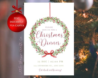 May include: A Christmas Dinner invitation with a watercolor wreath design. The invitation includes the text "Christmas Dinner" in elegant script, along with date, time, and location details. A red bow accents the wreath.