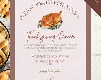 Plantilla de invitación para cena de Acción de Gracias, descarga de Canva de pavo en acuarela, invitación editable para cena festiva, cena de otoño, Acción de Gracias