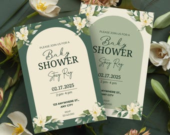 May include: Two baby shower invitations with a floral design. The invitations feature the text "Baby Shower" and the name "Stacy Ray". The date and time are also included. The invitations are decorated with white flowers and green leaves.