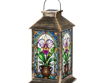 Solar Lantern Orchid Stained Glass Print Lamp | Cattleya Garden Lamp | Nightlight