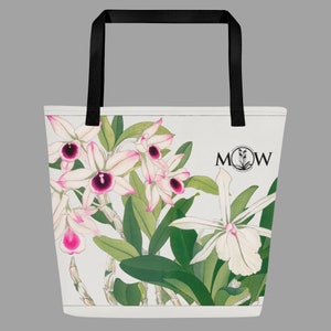Maui Orchid Whisperer Logo Large Tote Bag with Vintage Orchid Artwork