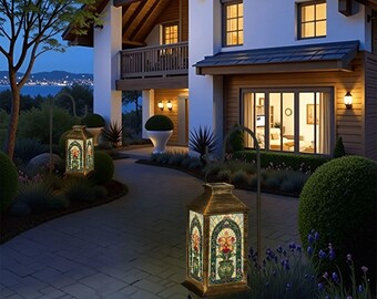 Solar Lantern Orchid Stained Glass Print Lamp | Cattleya Garden Lamp | Nightlight