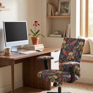 May include: An office setting with a desk, computer, and a patterned office chair. The chair has a black base and armrests, with a colorful floral design on the seat and back. A potted orchid sits on the desk.