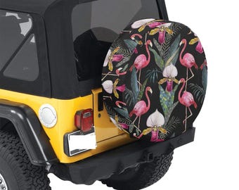 Capa para pneu sobressalente Paphiopedilum e Pink Flamingo Orchid | Capa elástica para roda Lady Slipper de 15"