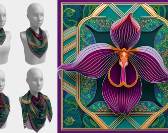 Bufanda de seda de orquídea única en su tipo / Bufanda de orquídea cuadrada en mezcla modal 100% seda o seda / Bufanda de orquídea única