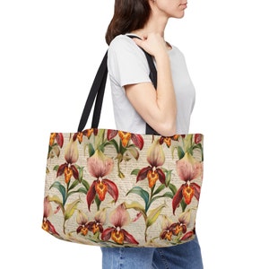 Orchid Paph Botanical Illustration Weekender Tote Bag | Orchid Print Overnight Bag