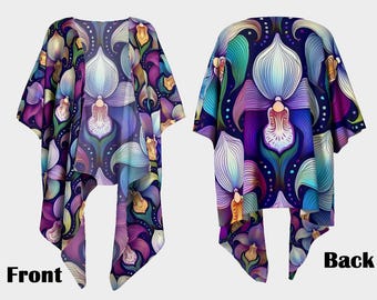 Kimono Habotai 100% Seda com Estampa de Orquídeas | Kimono de Seda Drapeada Paphiopedilum Iridescente
