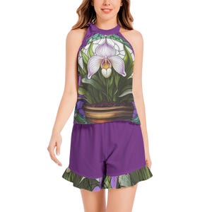 Tie Neck Halter Top and Ruffle Hem Short Set