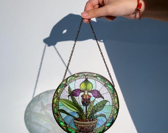 Protetor solar de vitral Paphiopedilum para pendurar na janela | 3 tamanhos | Frete rápido e grátis | Protetor solar