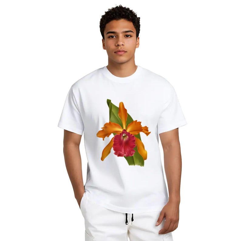 May include: White t-shirt featuring a vibrant floral design. The graphic showcases an orange and red orchid with green leaves. The shirt is a classic crew neck style.