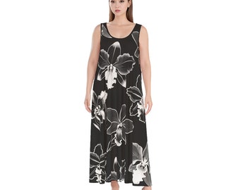 Orchid Print Women's Maxi Dress Loose Fitting Tank Dress Sundress 100% Rayon